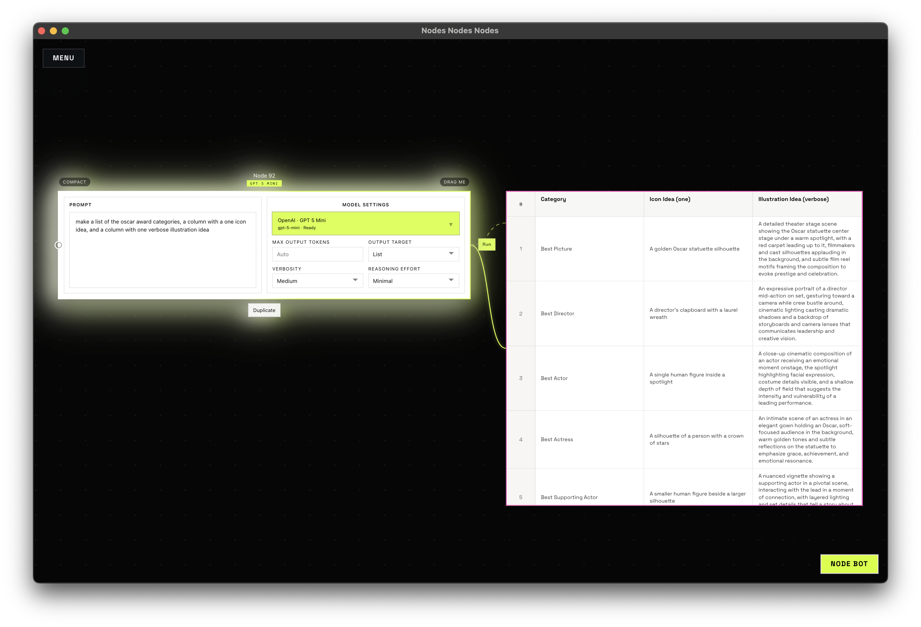 Nodes Nodes Nodes showing a model block connected to a list on a dark canvas.